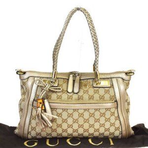 GUCCI GG Pattern Bamboo Shoulder Bag Canvas Leathe